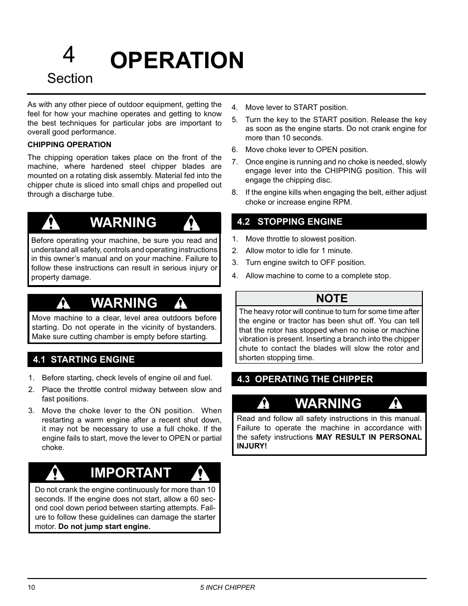 Operation, 1 starting engine, 2 stopping engine | 3 operating the chipper, Operation 4, Warning, Important | Echo CH5653 Owners Manual v.1 User Manual | Page 14 / 24