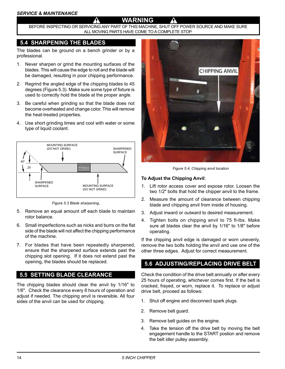 4 sharpening the blades, 5 setting blade clearance, 6 adjusting/replacing drive belt | Warning | Echo CH5653 Owners Manual v.1 User Manual | Page 18 / 24