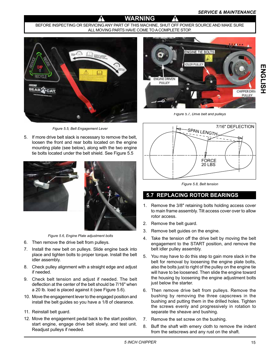 7 replacing rotor bearings, English, Warning | Echo CH5653 Owners Manual v.1 User Manual | Page 19 / 24