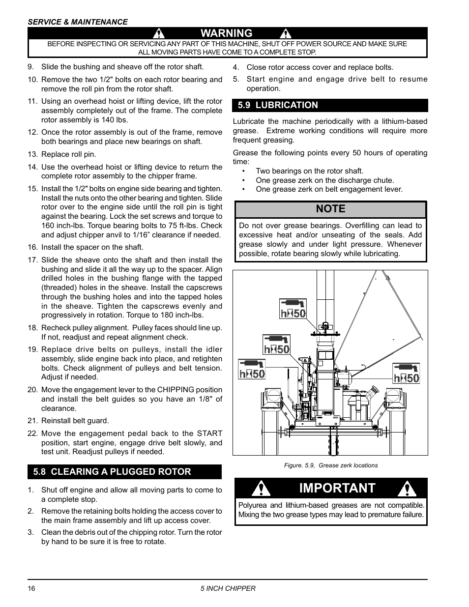 8 clearing a plugged rotor, 9 lubrication, 8 clearing a plugged rotor 5.9 lubrication | Important, Warning | Echo CH5653 Owners Manual v.1 User Manual | Page 20 / 24
