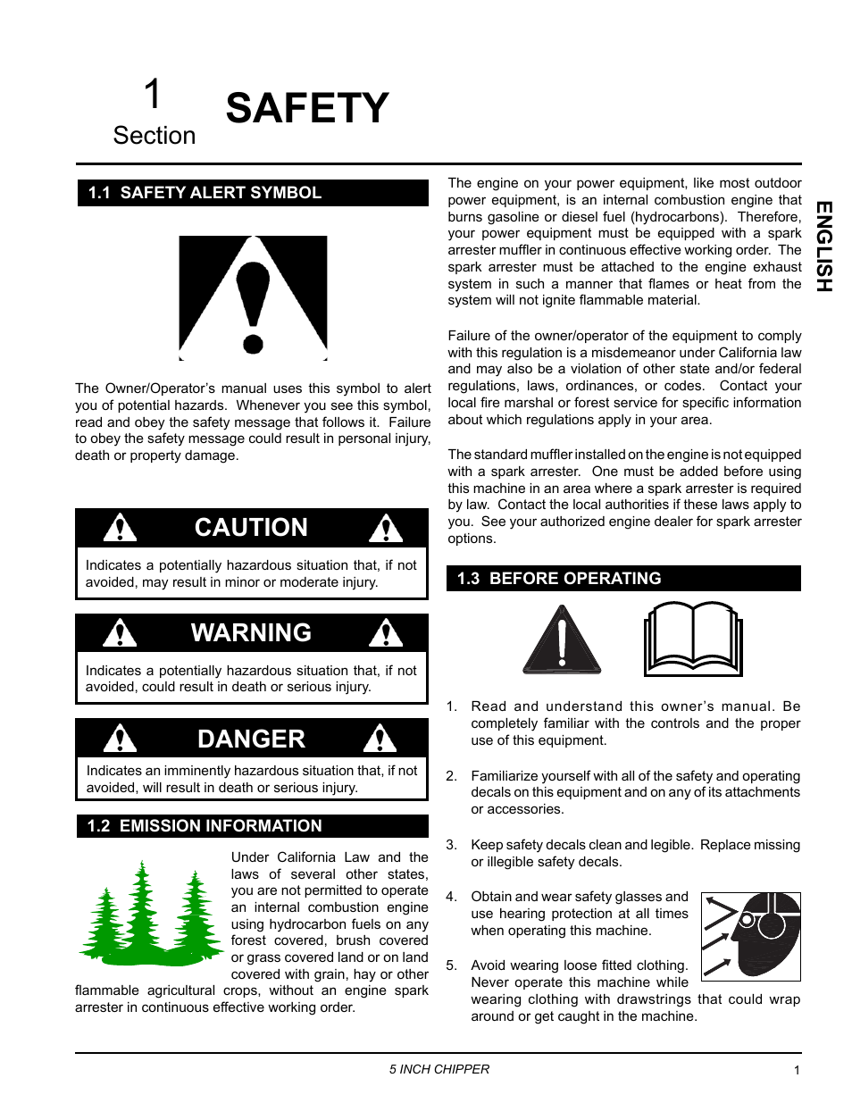 Safety, 1 safety alert symbol, 2 emission information | 3 before operating, Safety 1, Caution, Danger, Warning, English | Echo CH5653 Owners Manual v.1 User Manual | Page 5 / 24