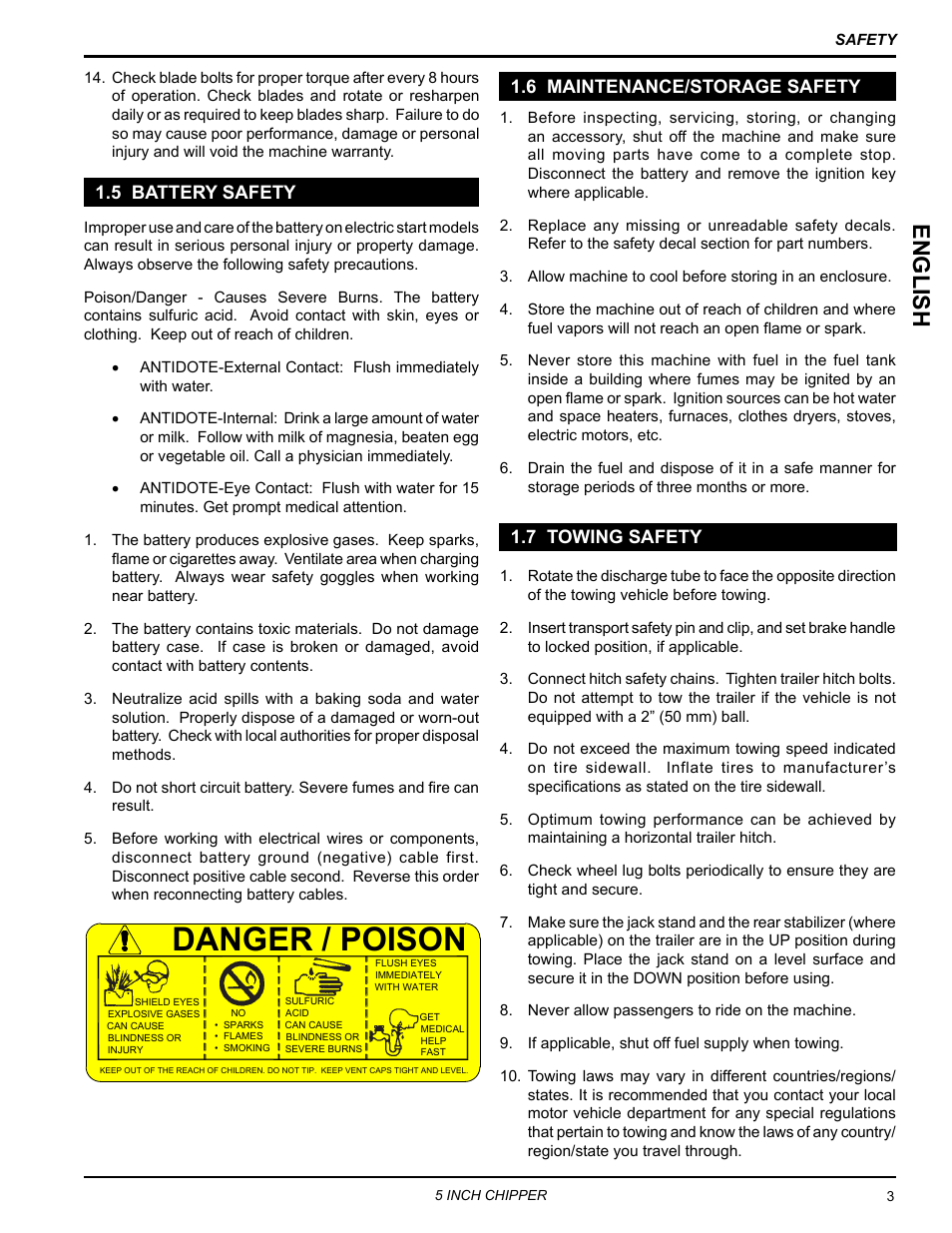 5 battery safety, 6 maintenance/storage safety, 7 towing safety | Danger / poison, English | Echo CH5653 Owners Manual v.1 User Manual | Page 7 / 24