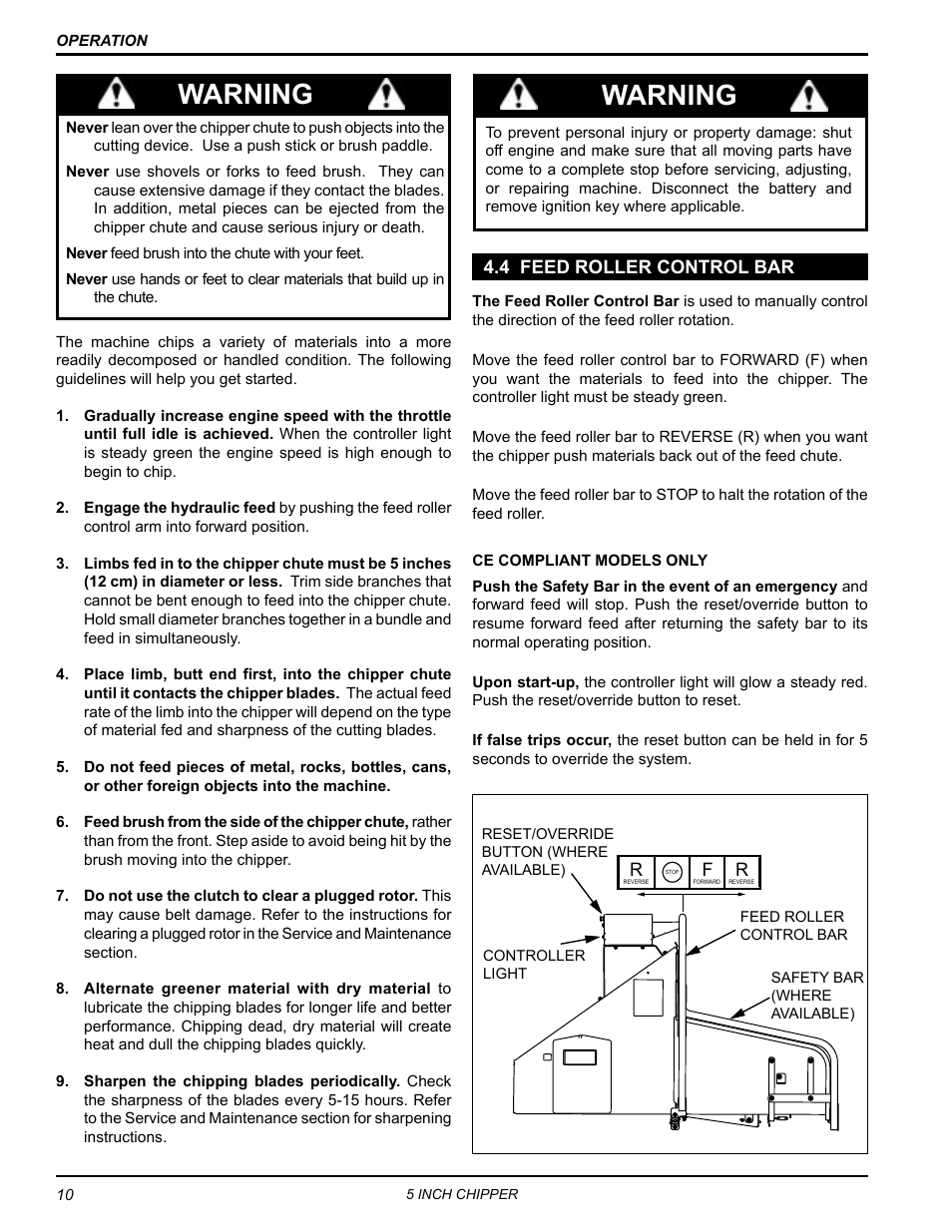 4 feed roller control bar, 4 feed roller control bar 4.5 feed rate control, Warning | Echo CH5540H Owners Manual v.4 User Manual | Page 14 / 27