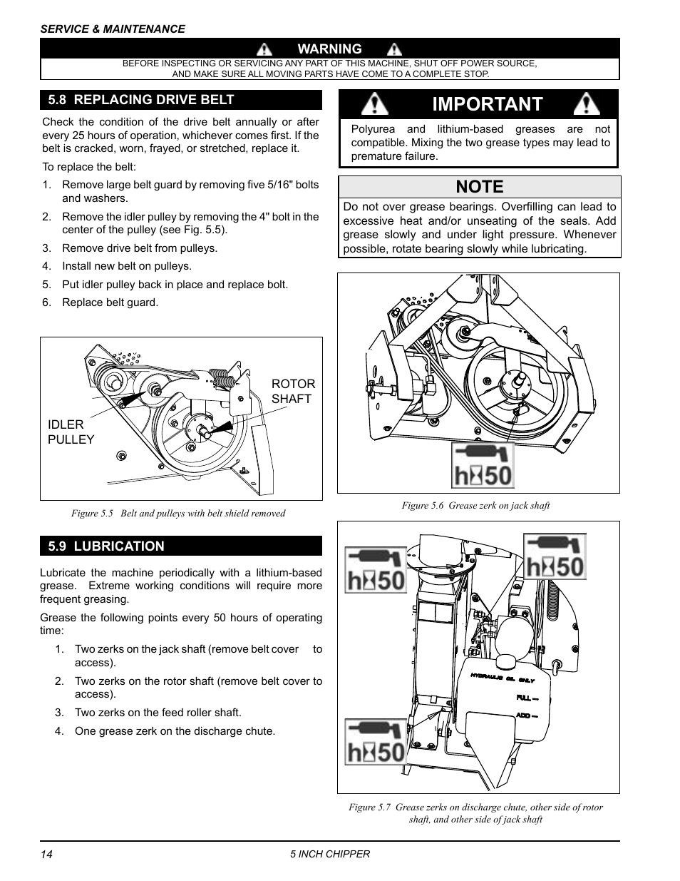 8 replacing drive belt, 9 lubrication, 8 replacing drive belt 5.9 lubrication | Important | Echo CH5540H Owners Manual v.4 User Manual | Page 18 / 27