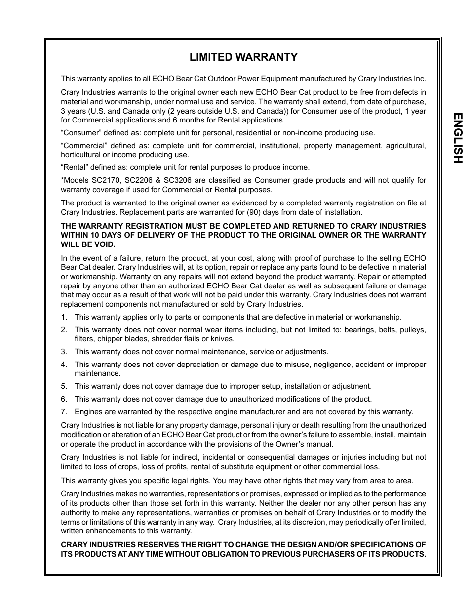 English, Limited warranty | Echo CH5540H Owners Manual v.4 User Manual | Page 3 / 27