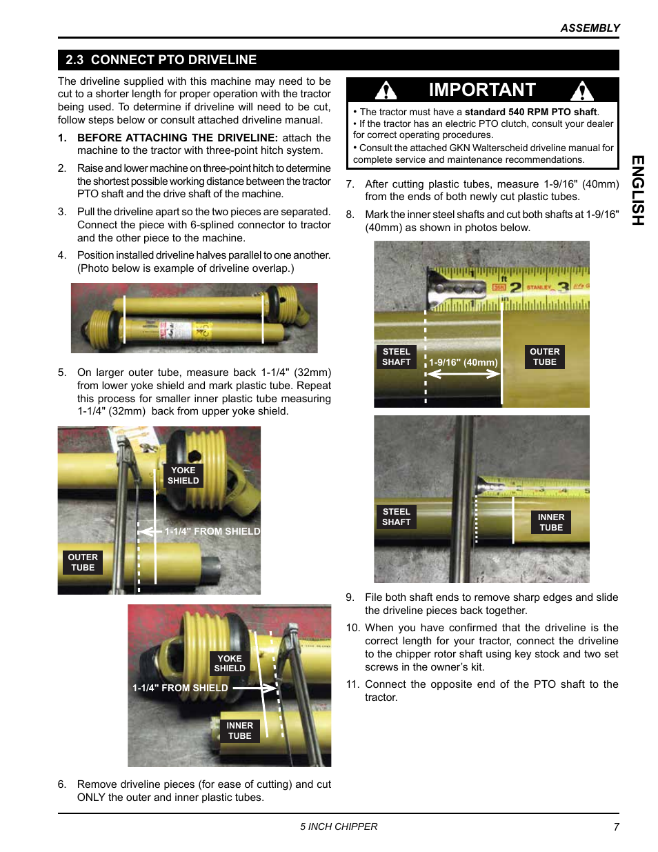 3 connect pto driveline, Important, English | Echo CH5540H Owners Manual v.3 User Manual | Page 11 / 26