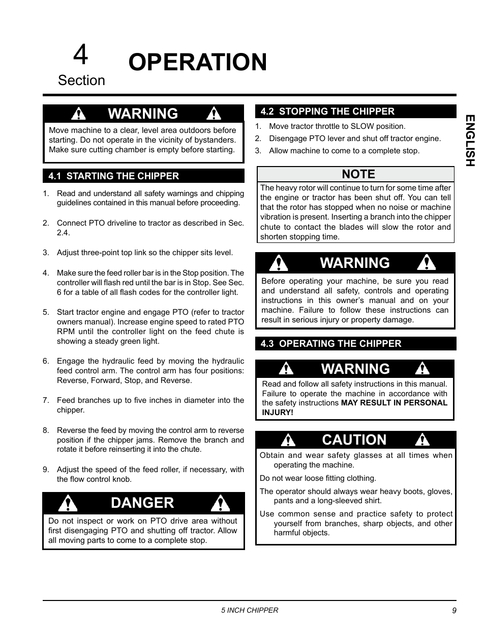 Operation, 1 starting the chipper, 2 stopping the chipper | 3 operating the chipper, Warning, Danger, Caution, English | Echo CH5540H Owners Manual v.3 User Manual | Page 13 / 26