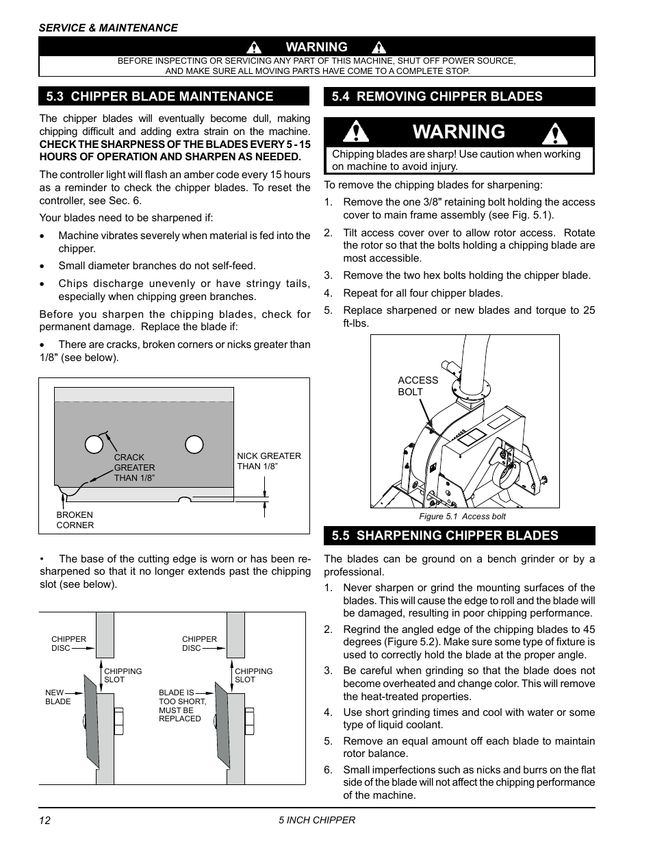 3 chipper blade maintenance, 4 changing chipper blades, 5 sharpening chipper blades | Warning, 4 removing chipper blades | Echo CH5540H Owners Manual v.3 User Manual | Page 16 / 26