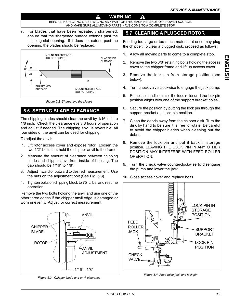 6 setting blade clearance, 7 clearing a plugged rotor, English | Echo CH5540H Owners Manual v.3 User Manual | Page 17 / 26