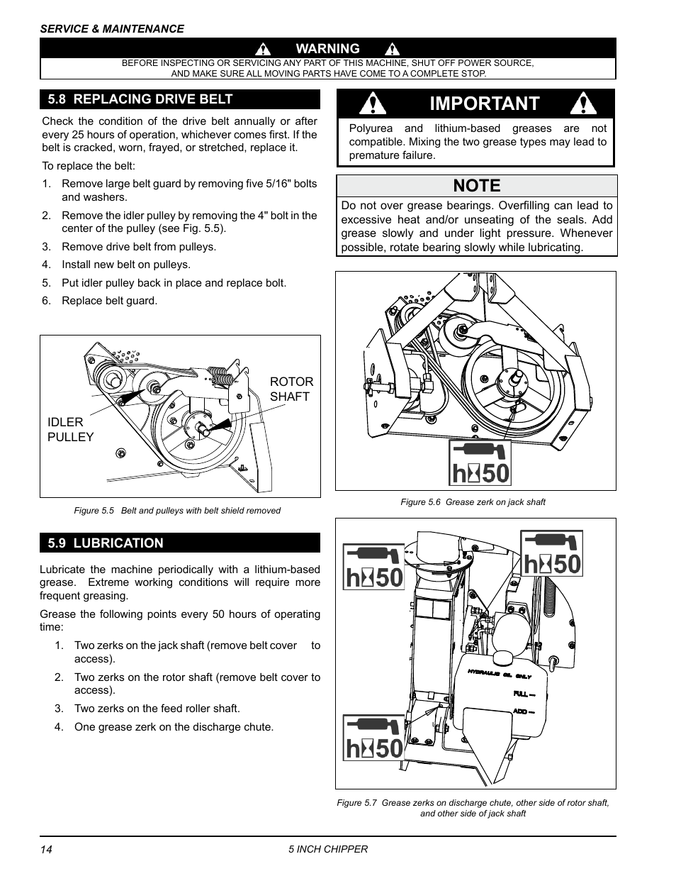 8 replacing drive belt, 9 lubrication, 8 replacing drive belt 5.9 lubrication | Important | Echo CH5540H Owners Manual v.3 User Manual | Page 18 / 26