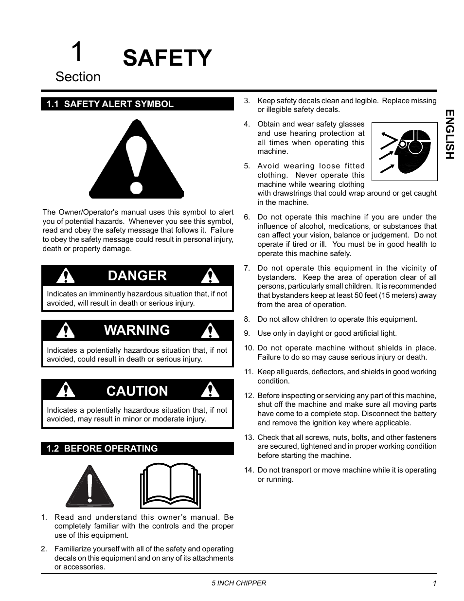 Safety, 1 safety alert symbol, 2 before operating | 1 safety alert symbol 1.2 before operating, Warning caution danger, English | Echo CH5540H Owners Manual v.3 User Manual | Page 5 / 26