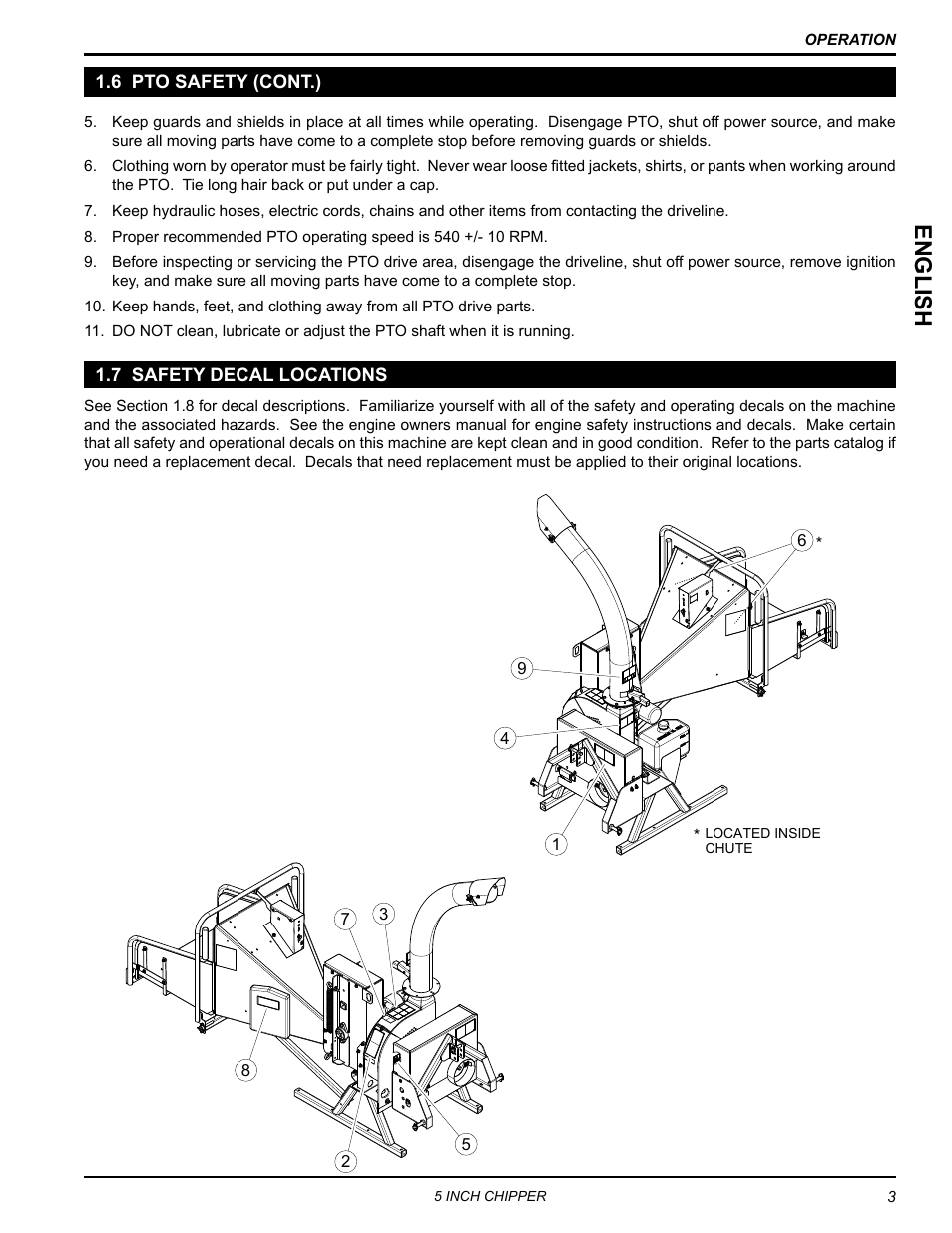 6 pto safety (cont.), 7 safety decal locations, 6 pto safety (cont.) 1.7 safety decal locations | English | Echo CH5540H Owners Manual v.3 User Manual | Page 7 / 26