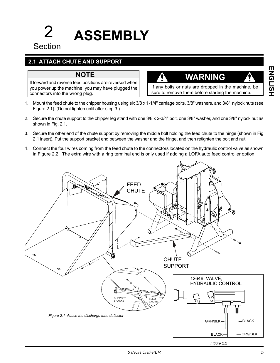 Assembly, 1 attach chute and support, Warning | English | Echo CH5540H Owners Manual v.3 User Manual | Page 9 / 26