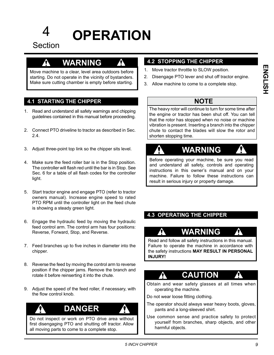 Operation, 1 starting the chipper, 2 stopping the chipper | 3 operating the chipper, 4operation, Danger, Caution warning, English | Echo CH5540H Owners Manual v.2 User Manual | Page 13 / 26