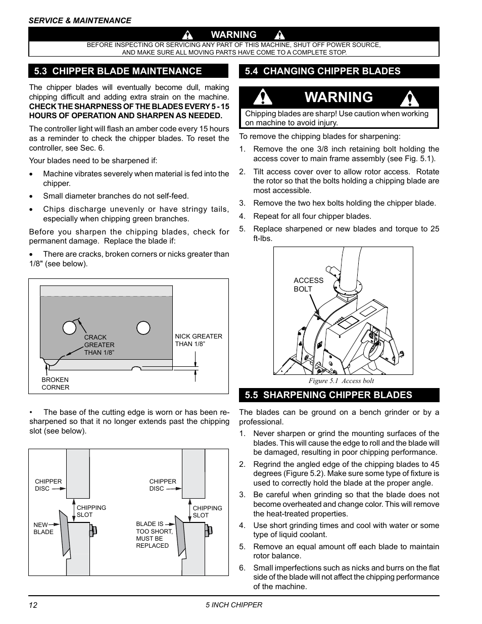 3 chipper blade maintenance, 4 changing chipper blades, 5 sharpening chipper blades | Warning | Echo CH5540H Owners Manual v.2 User Manual | Page 16 / 26