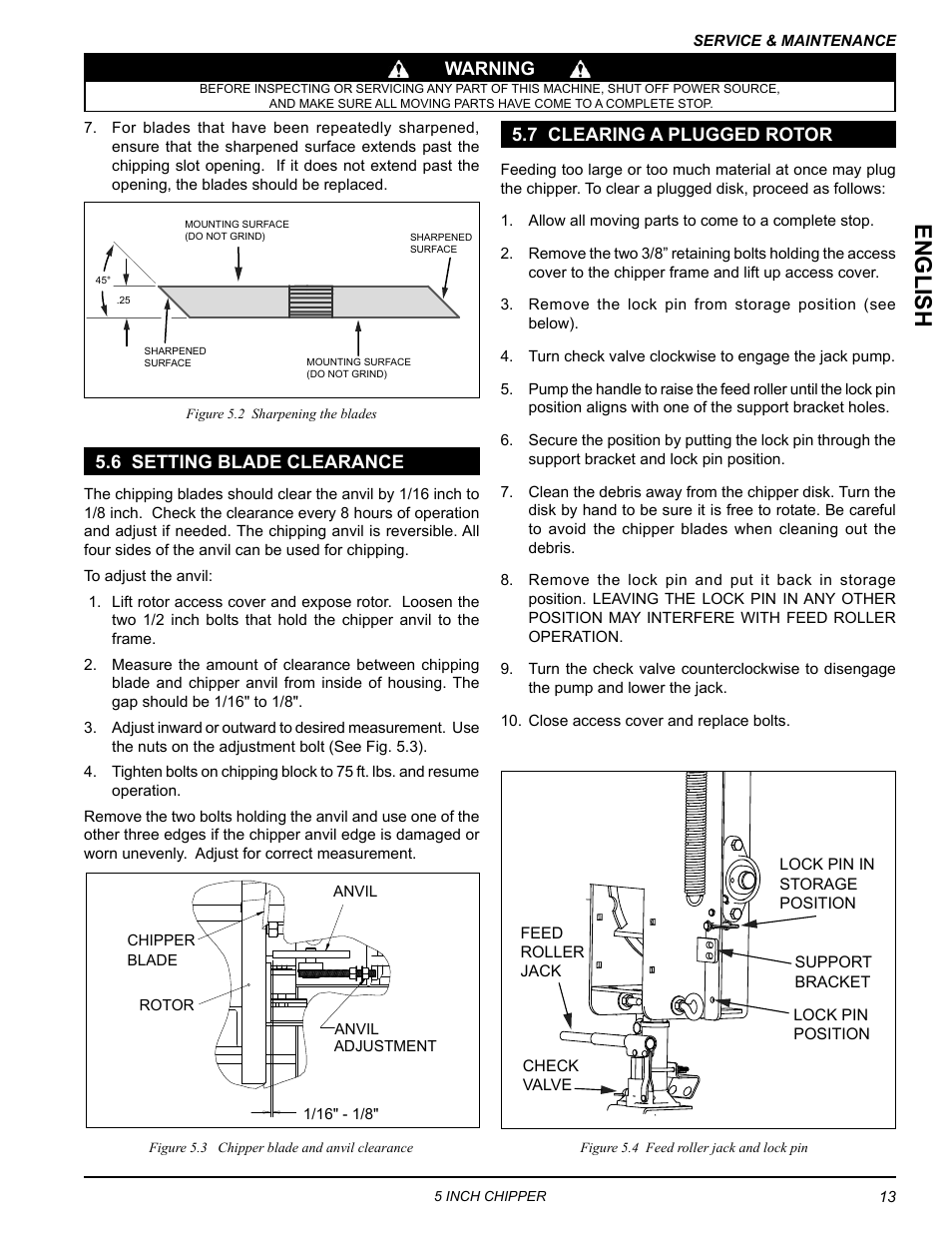 6 setting blade clearance, 7 clearing a plugged rotor, English | Echo CH5540H Owners Manual v.2 User Manual | Page 17 / 26