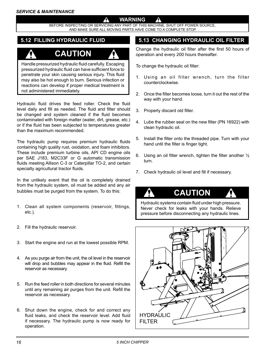 12 filling hydraulic fluid, 13 changing hydraulic oil filter, Caution | Echo CH5540H Owners Manual v.2 User Manual | Page 20 / 26