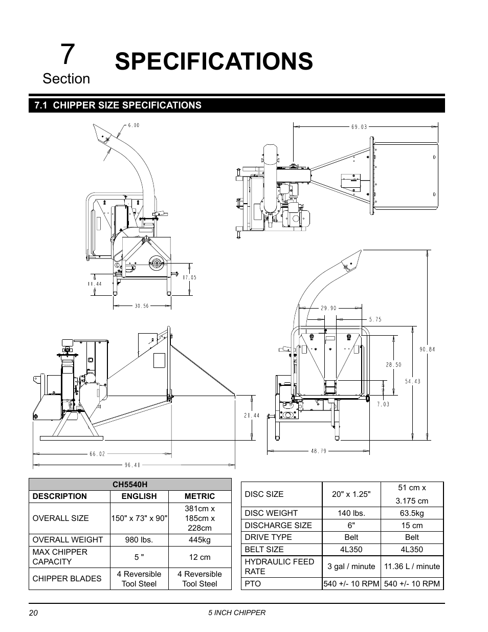 Specifications, 1 chipper size specifications | Echo CH5540H Owners Manual v.2 User Manual | Page 24 / 26