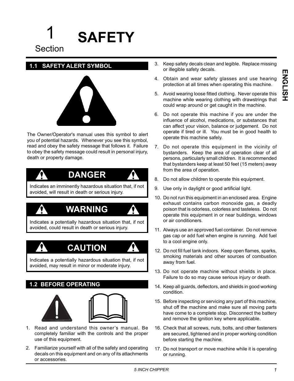 Safety, 1 safety alert symbol, 2 before operating | 1 safety alert symbol 1.2 before operating, Warning caution danger, English | Echo CH5540H Owners Manual v.2 User Manual | Page 5 / 26