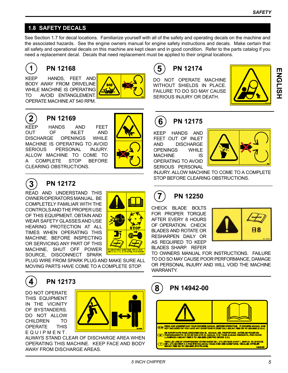 8 safety decals, English | Echo CH5540H Owners Manual v.2 User Manual | Page 9 / 26