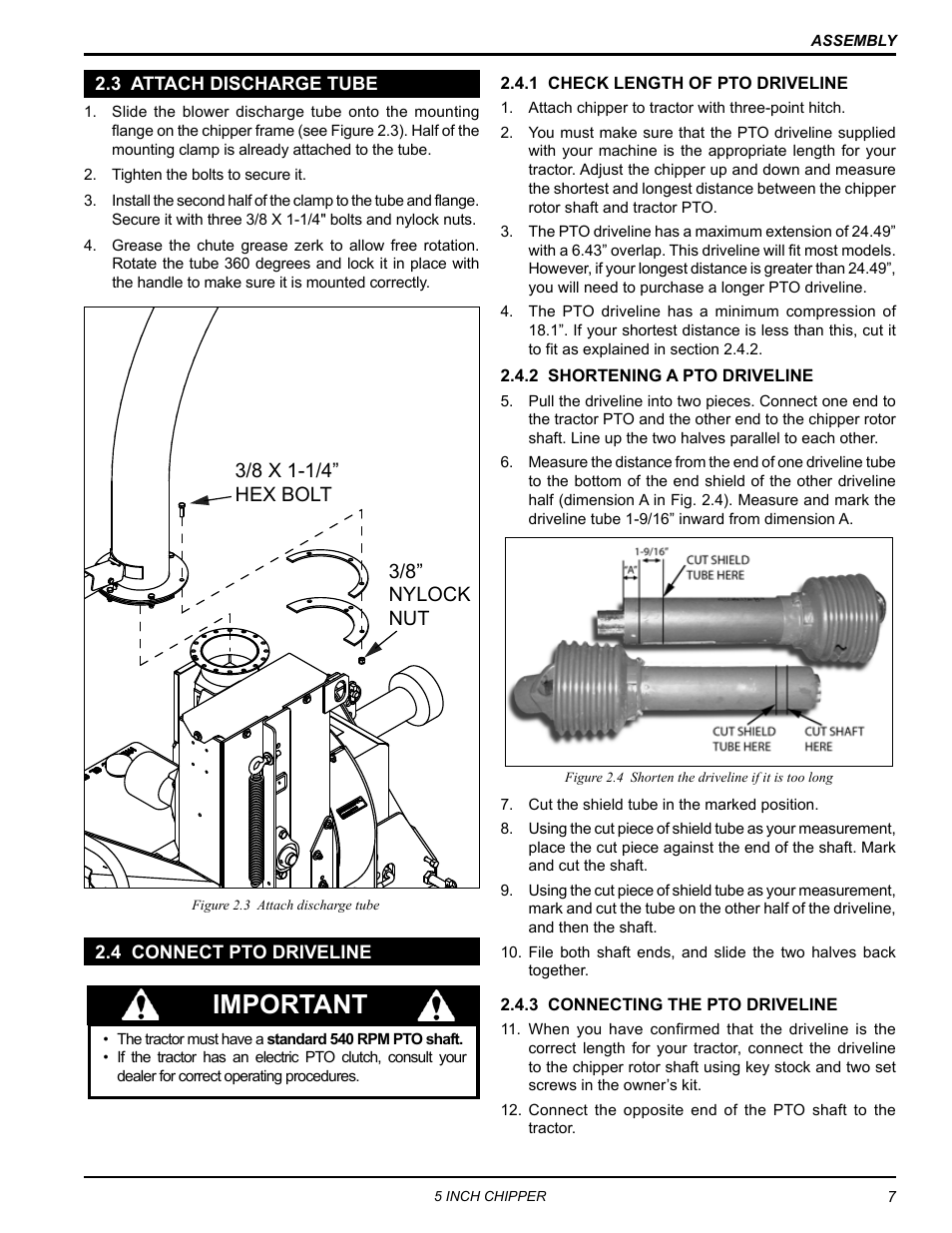 3 attach discharge tube, 4 connect pto driveline, 3 attach discharge tube 2.4 connect pto driveline | Important | Echo 74554 Owners Manual v.4 User Manual | Page 11 / 25