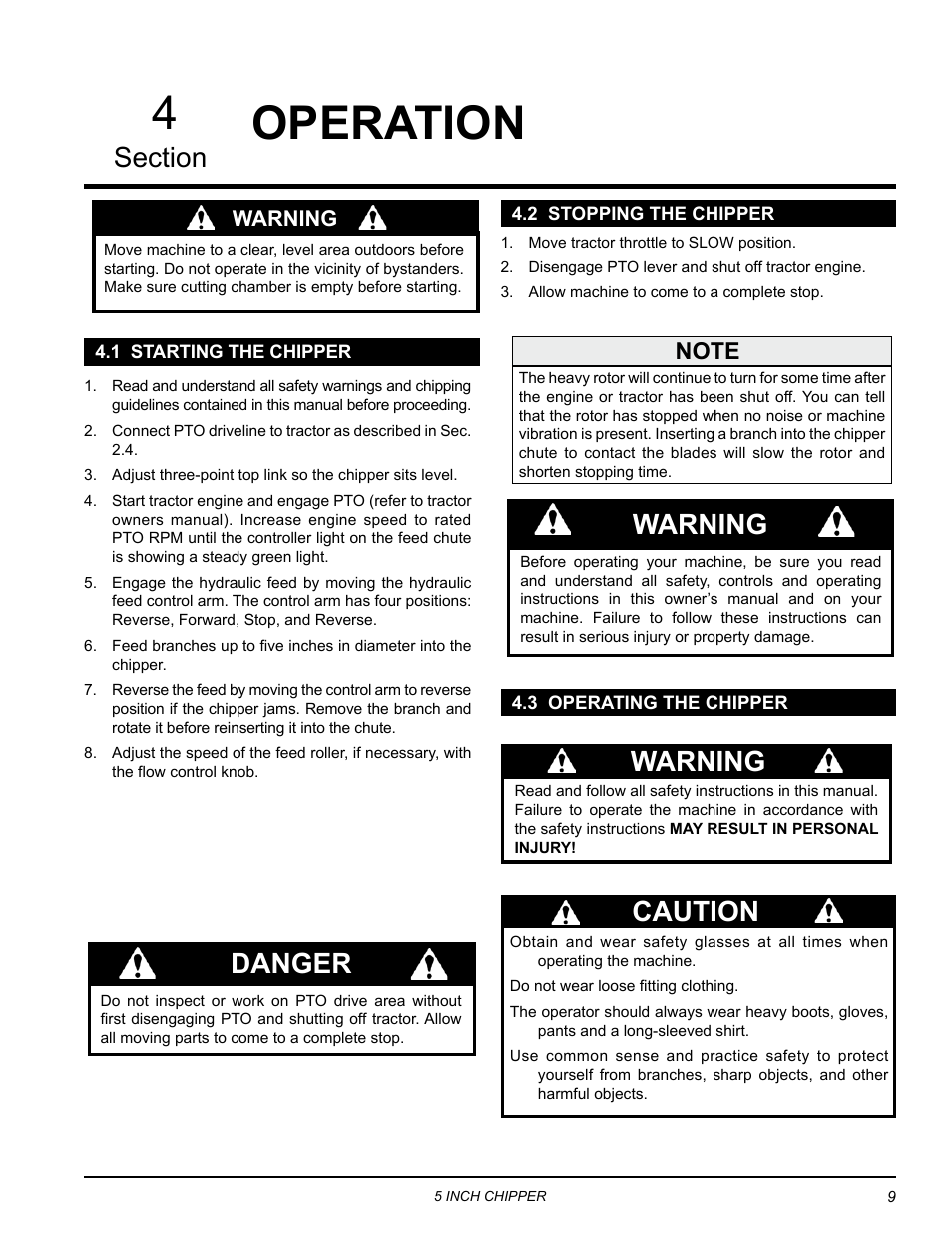 Operation, 1 starting the chipper, 2 stopping the chipper | 3 operating the chipper, 4operation, Danger, Caution warning, Warning | Echo 74554 Owners Manual v.4 User Manual | Page 13 / 25
