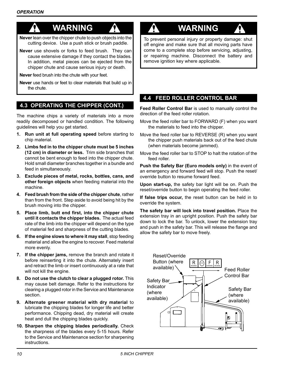 3 operating the chipper (cont.), 4 feed roller control bar, Warning | Echo 74554 Owners Manual v.4 User Manual | Page 14 / 25