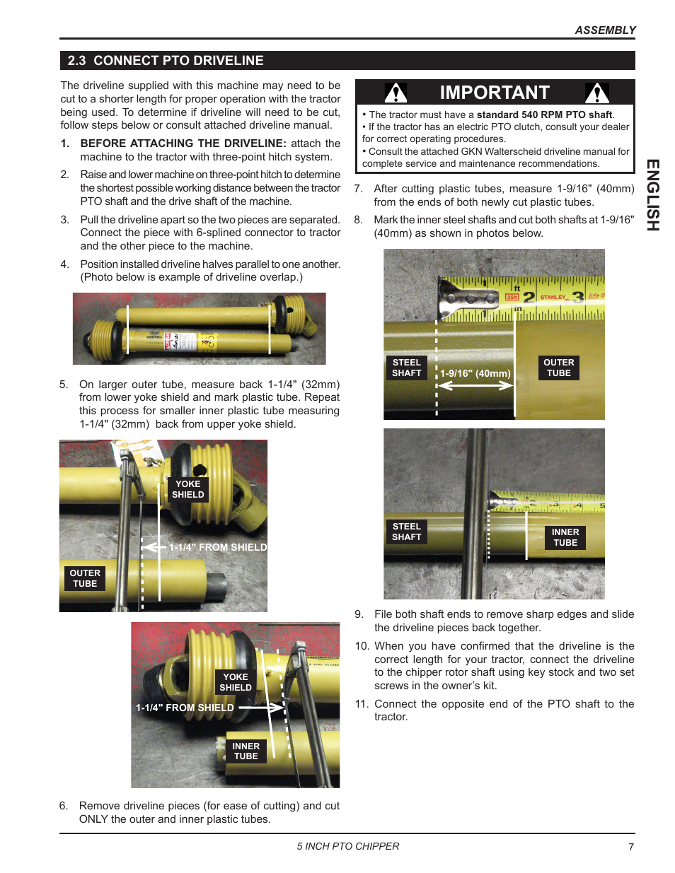 3 connect pto driveline, Important, English | Echo CH5540 Owners Manual v.2 User Manual | Page 11 / 24