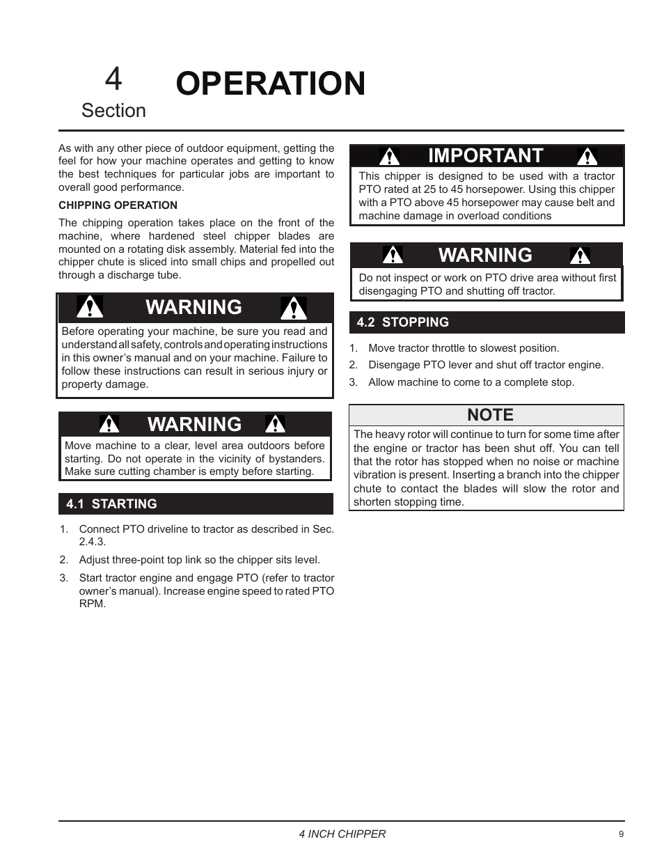 Operation, 1 starting, 2 stopping | 1 starting 4.2 stopping, Operation 4, Important, Warning | Echo CH5540 Owners Manual v.2 User Manual | Page 13 / 24