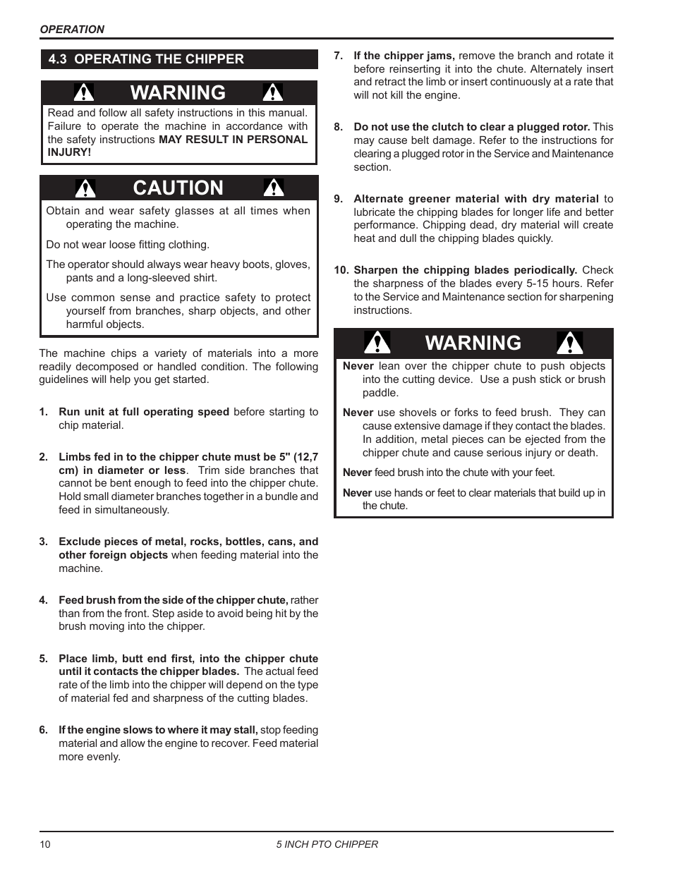 3 operating the chipper, Caution, Warning | Echo CH5540 Owners Manual v.2 User Manual | Page 14 / 24