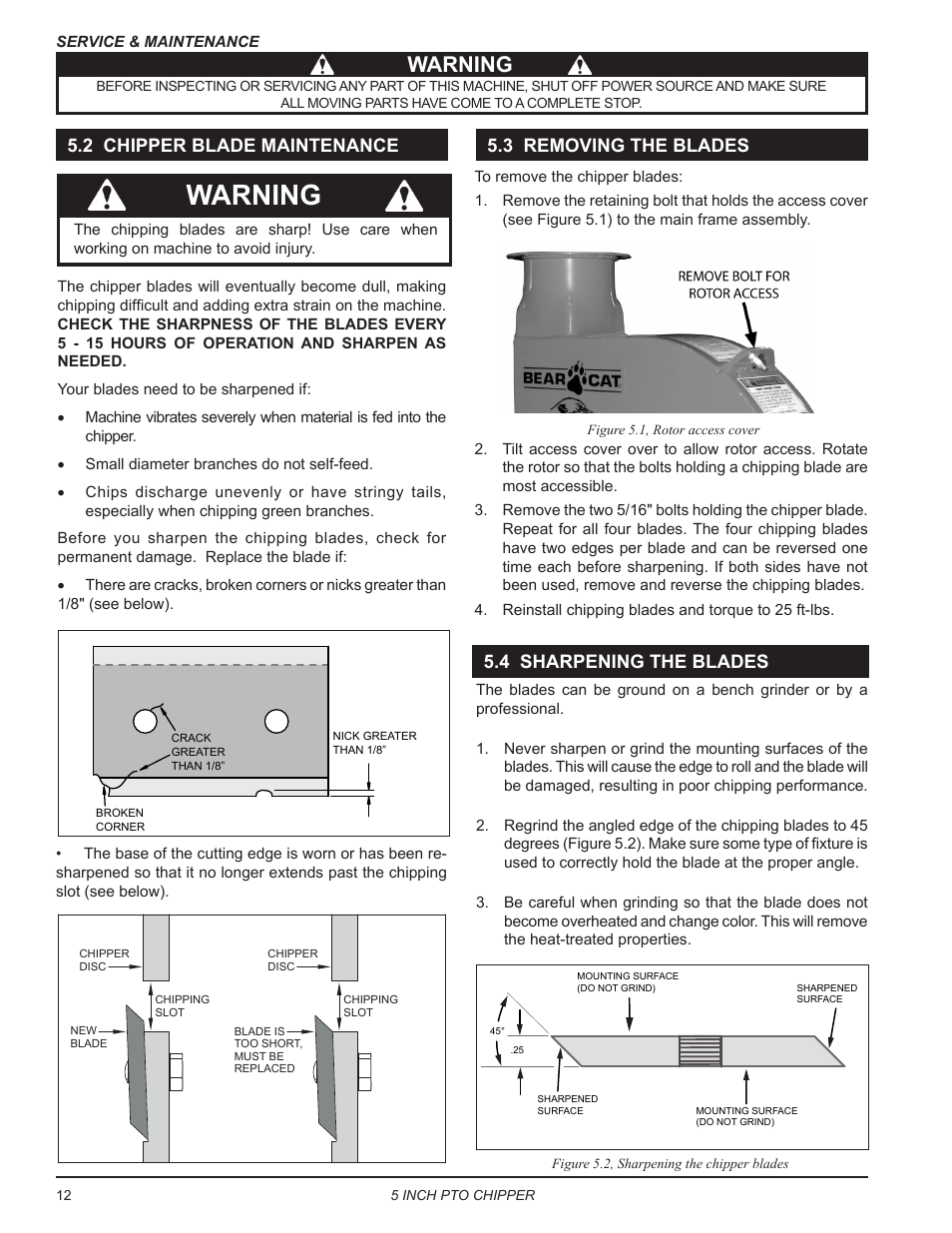 2 chipper blade maintenance, 3 removing the blades, 4 sharpening the blades | Warning, 3 removing the blades 5.4 sharpening the blades | Echo CH5540 Owners Manual v.2 User Manual | Page 16 / 24