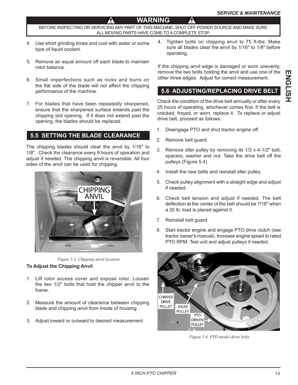 5 setting the blade clearance, 6 adjusting/replacing drive belt, English | Warning | Echo CH5540 Owners Manual v.2 User Manual | Page 17 / 24