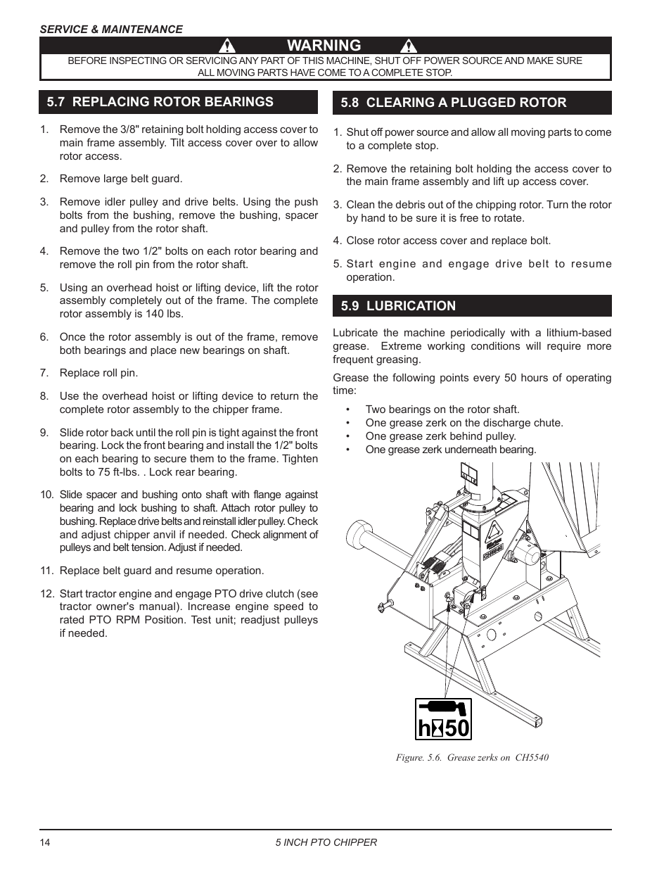 7 replacing rotor bearings, 8 clearing a plugged rotor, 9 lubrication | 50 h, Warning | Echo CH5540 Owners Manual v.2 User Manual | Page 18 / 24