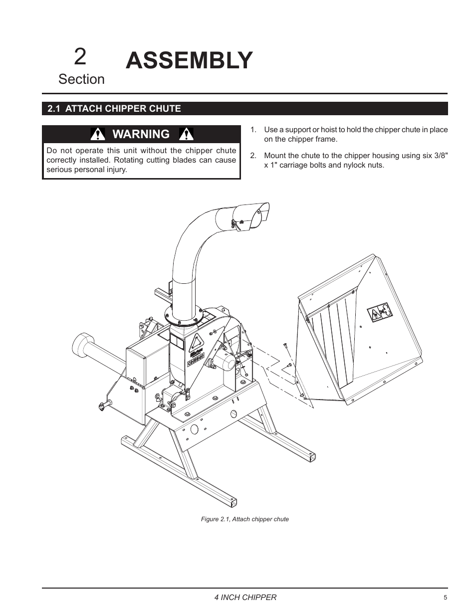 Assembly, 1 attach chipper chute, Assembly 2 | Echo CH5540 Owners Manual v.2 User Manual | Page 9 / 24