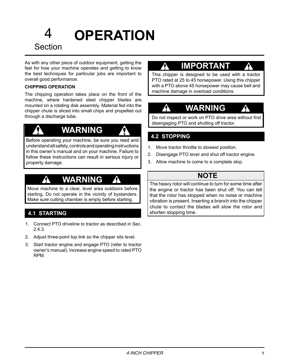 Operation, 1 starting, 2 stopping | 1 starting 4.2 stopping, Operation 4, Important, Warning | Echo CH5540 Owners Manual v.1 User Manual | Page 13 / 23
