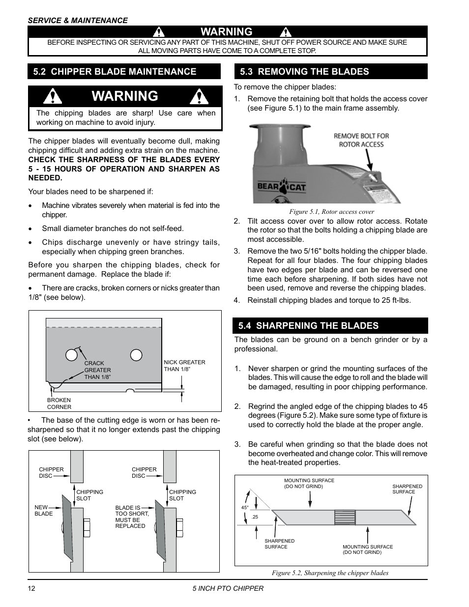 2 chipper blade maintenance, 3 removing the blades, 4 sharpening the blades | Warning, 3 removing the blades 5.4 sharpening the blades | Echo CH5540 Owners Manual v.1 User Manual | Page 16 / 23