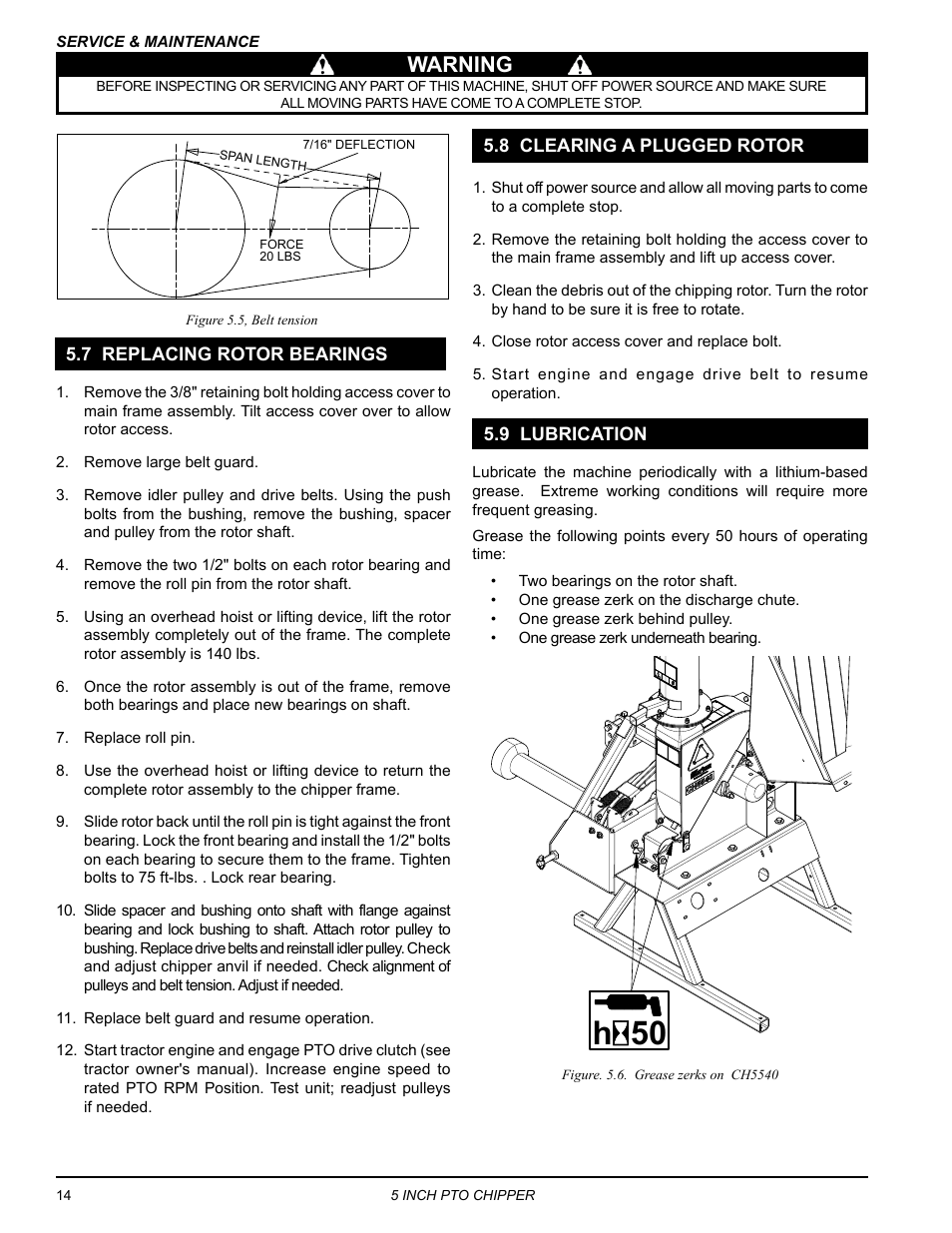 7 replacing rotor bearings, 8 clearing a plugged rotor, 9 lubrication | 50 h, Warning | Echo CH5540 Owners Manual v.1 User Manual | Page 18 / 23