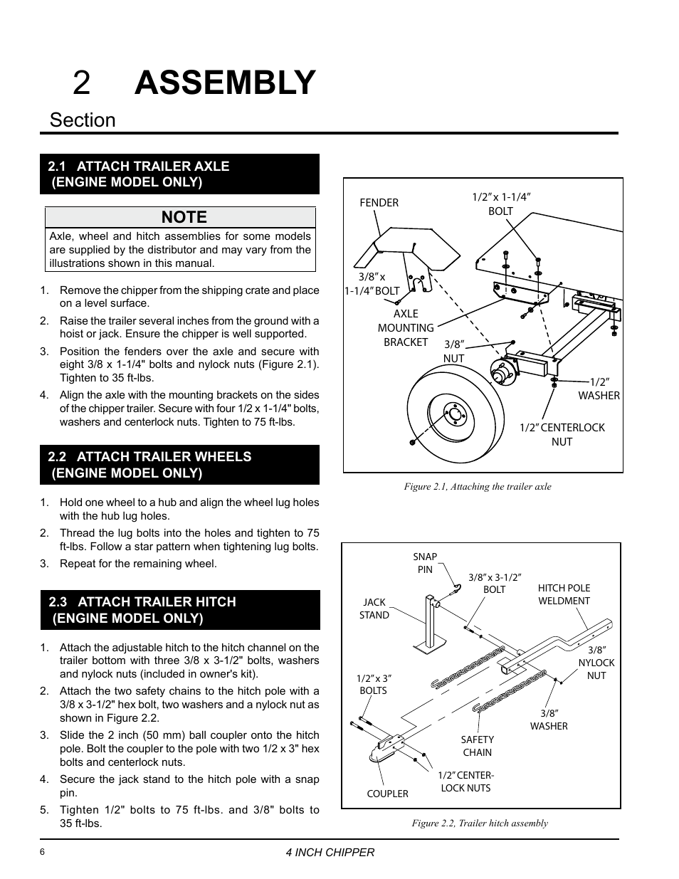 Assembly, 1 attach trailer axle, Engine model only) | 2 attach trailer wheels (engine model only), 3 attach trailer hitch (engine model only), Assembly 2 | Echo CH4540 Owners Manual v.2 User Manual | Page 10 / 28