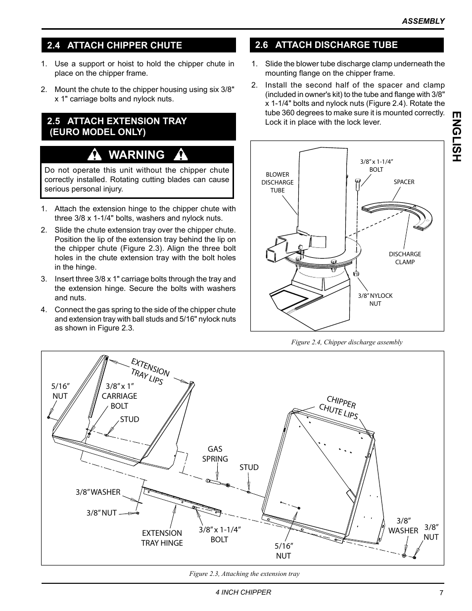 4 attach chipper chute, 5 attach extension tray (euro model only), 6 attach discharge tube | English, Warning | Echo CH4540 Owners Manual v.2 User Manual | Page 11 / 28