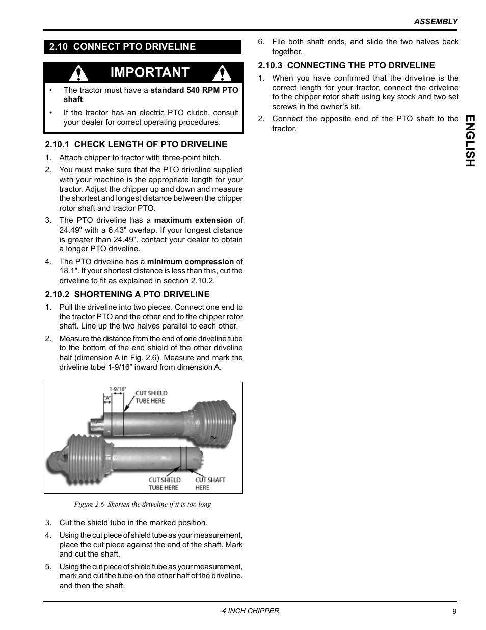 10 connect pto driveline, Important, English | Echo CH4540 Owners Manual v.2 User Manual | Page 13 / 28