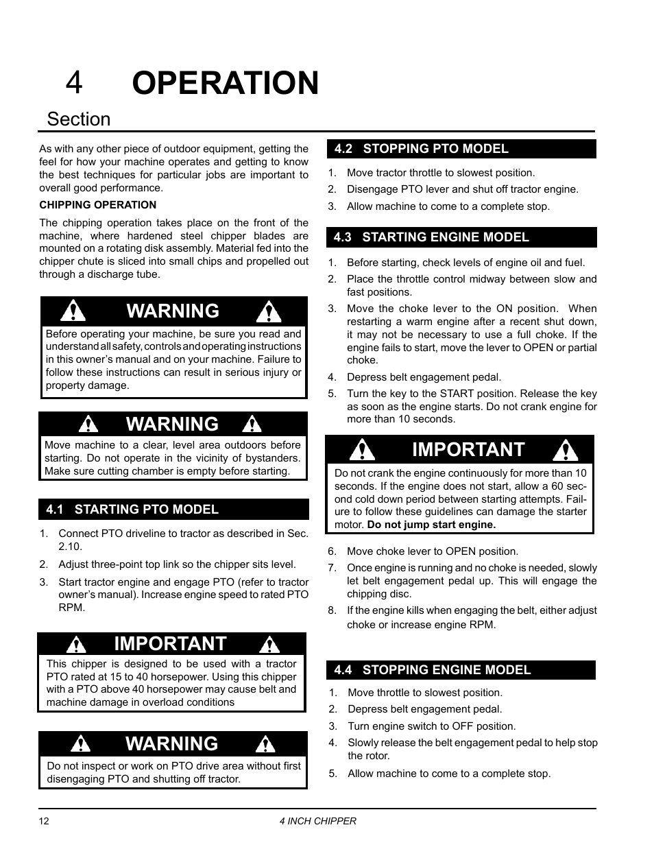 Operation, 1 starting pto model, 2 stopping pto model | 3 starting engine model, 4 stopping engine model, Operation 4, Warning, Important | Echo CH4540 Owners Manual v.2 User Manual | Page 16 / 28