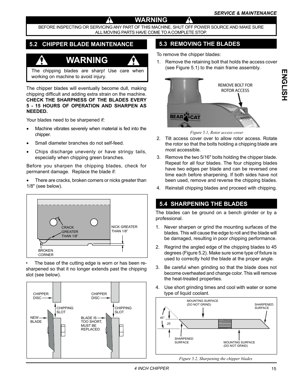 2 chipper blade maintenance, 3 removing the blades, 4 sharpening the blades | English, Warning, 3 removing the blades 5.4 sharpening the blades | Echo CH4540 Owners Manual v.2 User Manual | Page 19 / 28