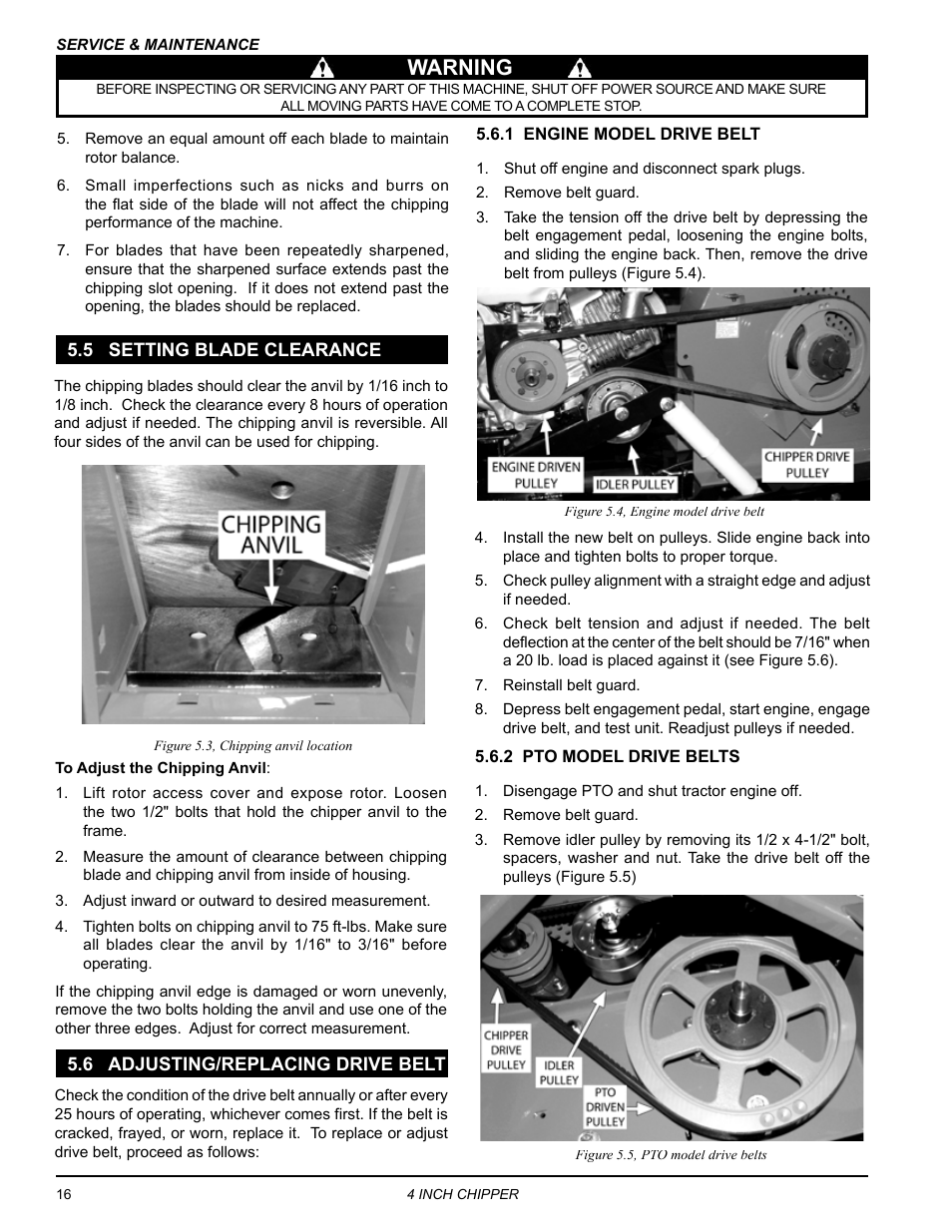 5 setting blade clearance, 6 adjusting/replacing drive belt, Warning | Echo CH4540 Owners Manual v.2 User Manual | Page 20 / 28
