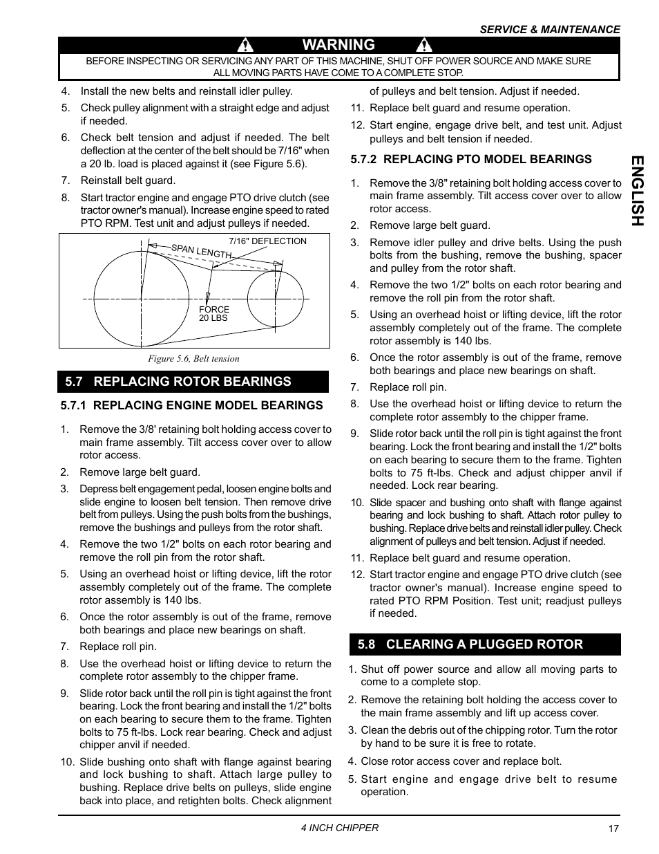 7 replacing rotor bearings, 8 clearing a plugged rotor, English | Warning | Echo CH4540 Owners Manual v.2 User Manual | Page 21 / 28
