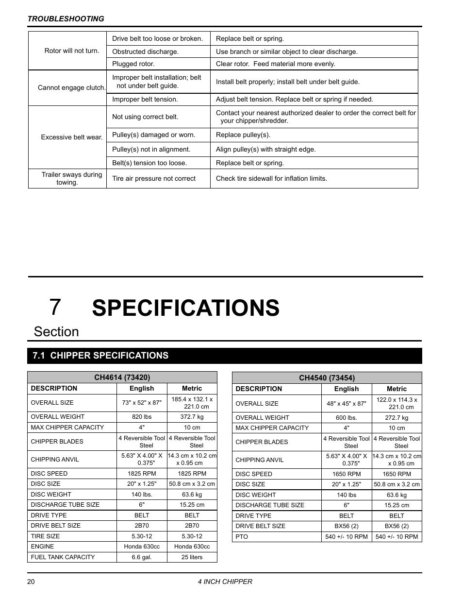Specifications, 1 chipper specifications, Specifications 7 | Echo CH4540 Owners Manual v.2 User Manual | Page 24 / 28