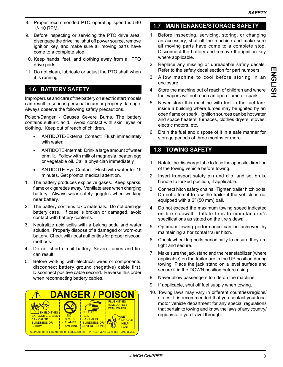6 battery safety, 7 maintenance/storage safety, 8 towing safety | Danger / poison, English | Echo CH4540 Owners Manual v.2 User Manual | Page 7 / 28