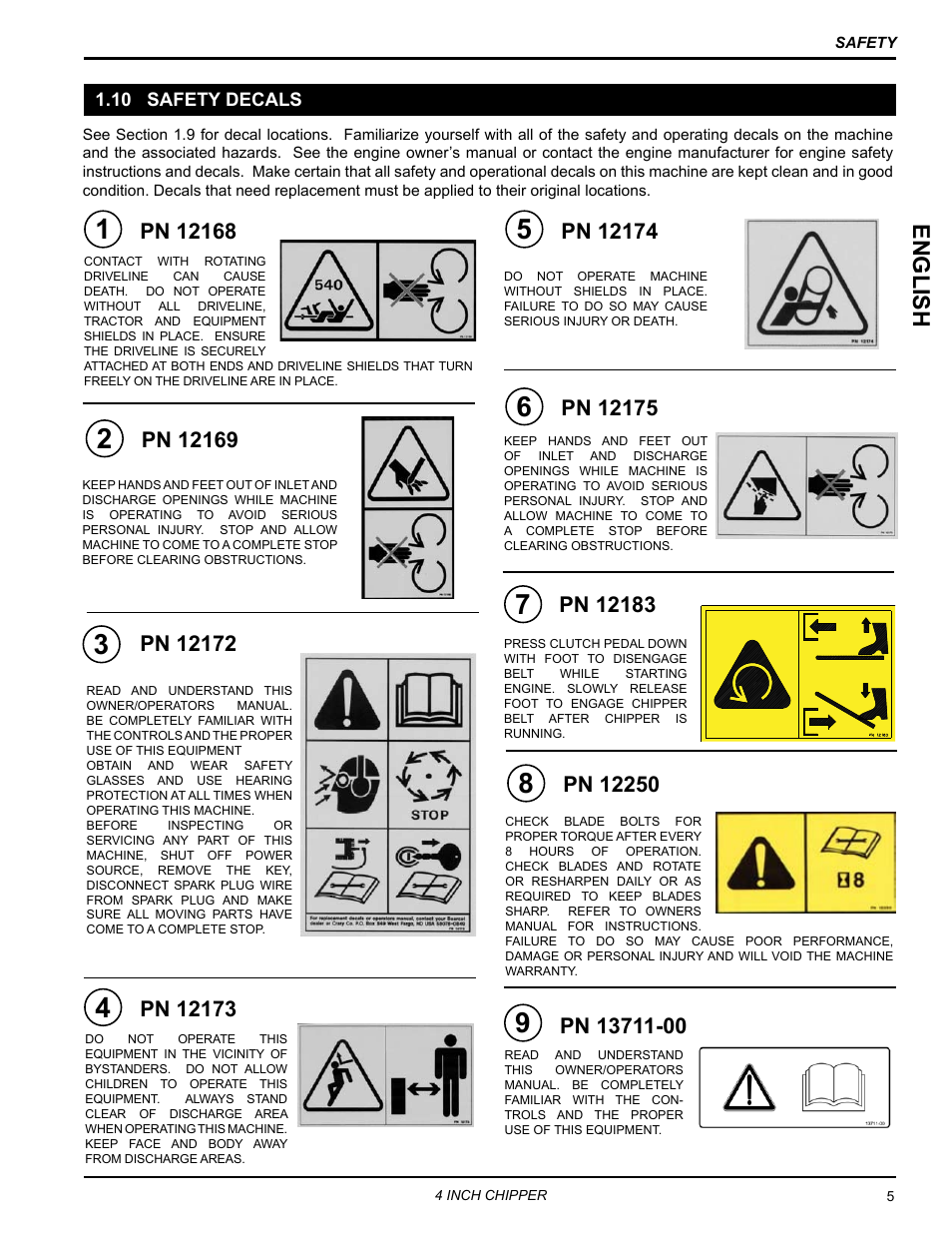 10 safety decals, English | Echo CH4540 Owners Manual v.2 User Manual | Page 9 / 28