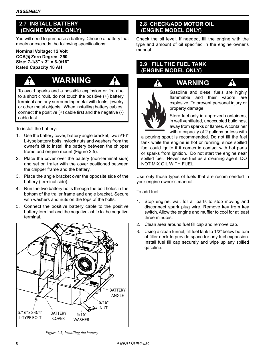 7 install battery (engine model only), 8 check/add motor oil (engine model only), 9 fill the fuel tank | Engine model only), Warning | Echo 73413 Owners Manual v.3 User Manual | Page 12 / 28