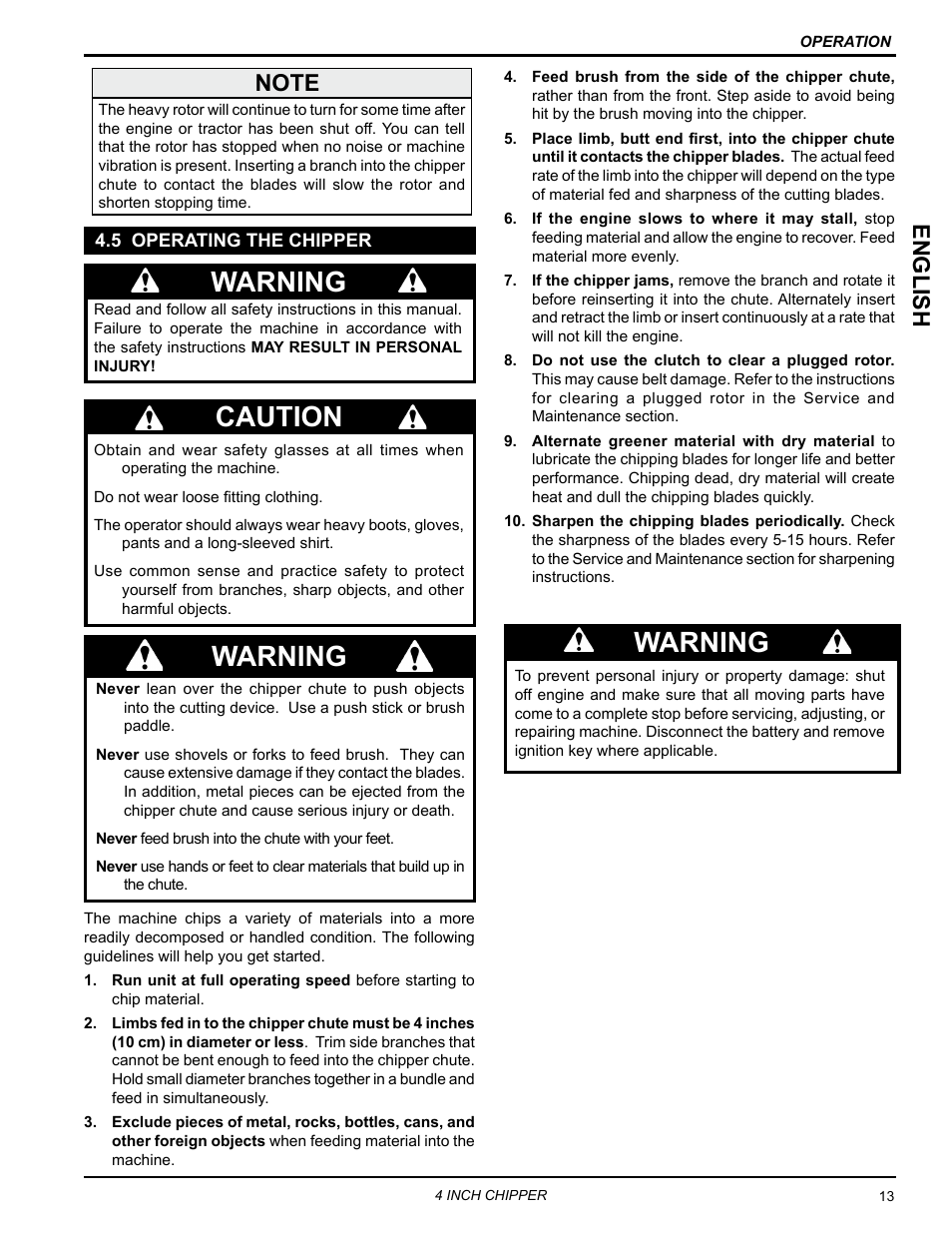 5 operating the chipper, Caution warning, Warning | English | Echo 73413 Owners Manual v.3 User Manual | Page 17 / 28