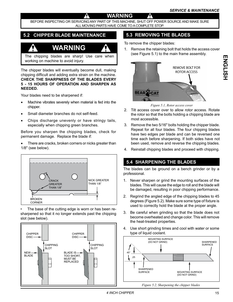2 chipper blade maintenance, 3 removing the blades, 4 sharpening the blades | English, Warning, 3 removing the blades 5.4 sharpening the blades | Echo 73413 Owners Manual v.3 User Manual | Page 19 / 28